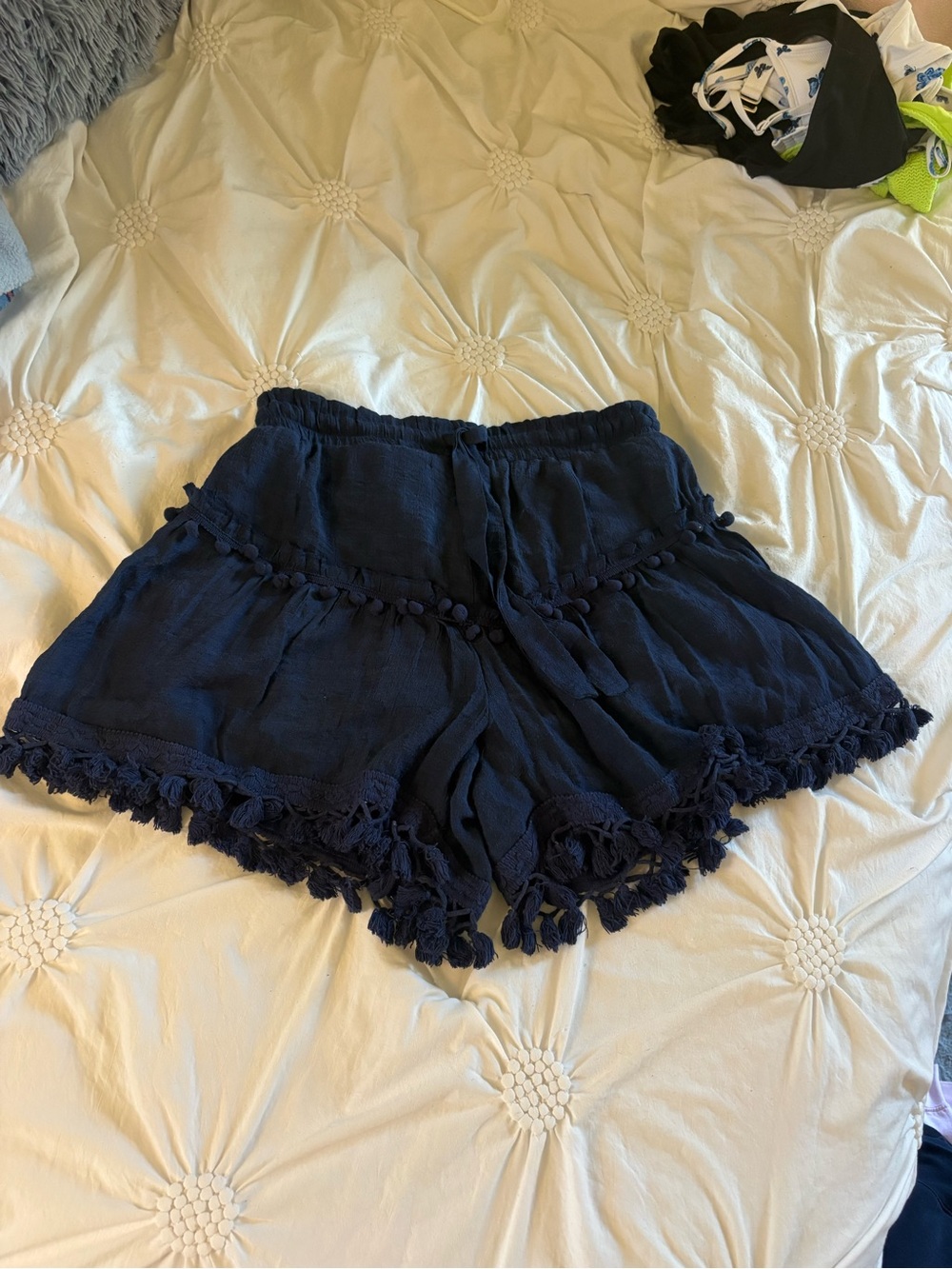 THML Navy Pom Trim High-Waist Shorts